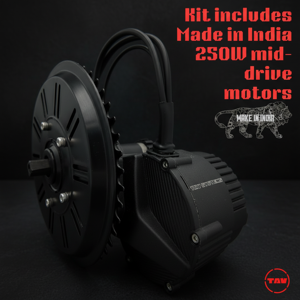 Black electric motor with text about 250W mid-drive motors made in India on a gray background