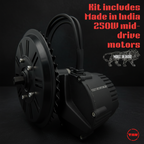 Black electric motor with text about 250W mid-drive motors made in India on a gray background